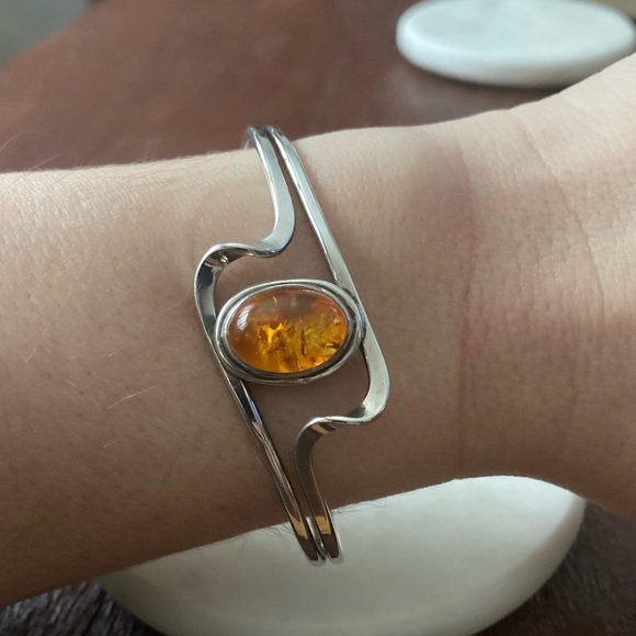 Sterling Silver Amber Cuff Bracelet | Open Wave Design | Artisan Style - Picture 2 of 6